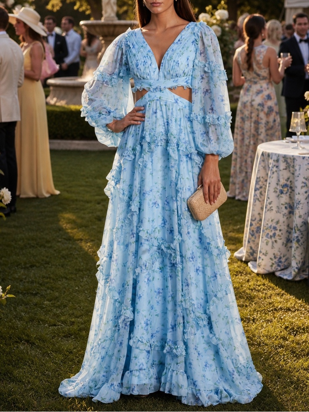 Mac Duggal 70249 Ruffle Tiered Floral Cutout Long Sleeve Gown NWT Blue size 2